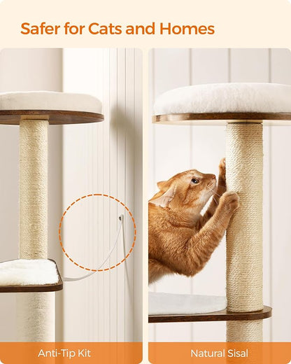 Feandrea Cat Tree, 64.6-Inch Modern Cat Tower, Multi-Level Condo with 5 Scratching Posts, Perch, Washable Removable Cushions, Cave, Rustic Brown UPCT166X01