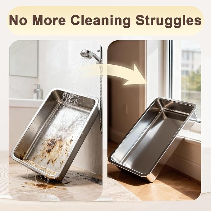 Low Entry Stainless Steel Cat Litter Box for Senior Cats, Metal Shallow Litter Box, Easy Access Kitty Litter Pan Tray, Pet Bathroom Accessories-17.72''Lx 13.78'' W x2.76'' H