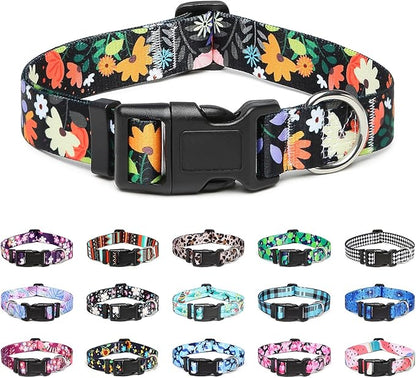 Mercano Adjustable Dog Collar - Special Design Patterns, Soft Nylon Comfortable Durable Pet Collar for Small Medium Large Dogs (L, Floral Orange)