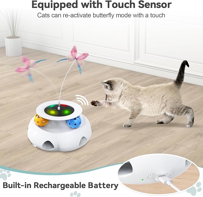 Cat Toys 3in1 Interactive Moving Ambush Feather, Spinning Butterfly, Track Balls, USB Rechargeable Automatic Activated Kitten Toys for Indoor Cats, Cat Feather Toy for All Breeds