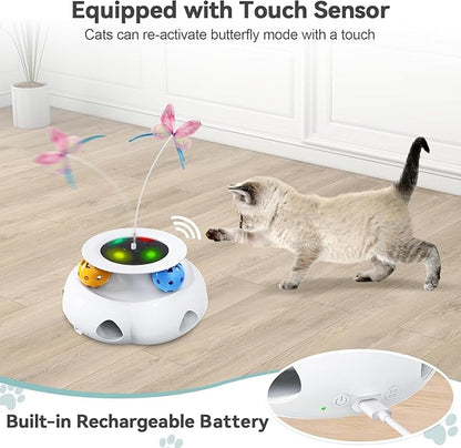Cat Toys 3in1 Interactive Moving Ambush Feather, Spinning Butterfly, Track Balls, USB Rechargeable Automatic Activated Kitten Toys for Indoor Cats, Cat Feather Toy for All Breeds