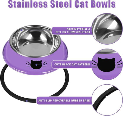 Serentive 3Pcs Cat Bowls, Non-Slip Stainless Steel, 7 Oz, Suitable for Indoor Pets, Removable Rubber Base, Lovely Color