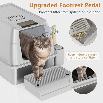 Stainless Steel Cat Litter Box with Lid, XL Extra Large Litter Box for Big Cats, Enclosed Removable Metal Litter Boxs with High Sided Enclosure & Scoop, Anti-Leakage, Non-Sticky, Easy Cleaning(Grey)