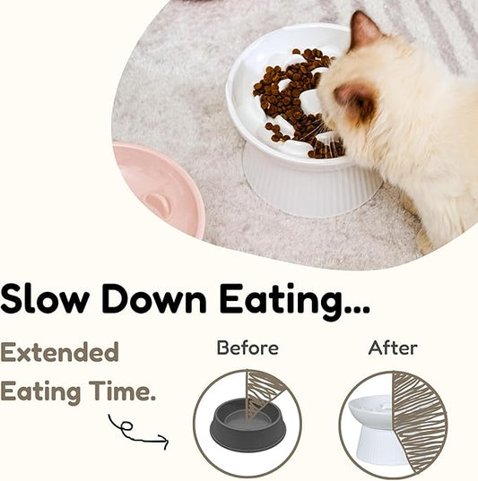 Unbreakable Raised Slow Feeder Bowl for Cats and Small Dogs, Elevated Cat Bowls, Detachable Slow Feede Bowl, Heavy Weighted, Non-Slip Feeder, Dry & Wet Food, Whisker Friendly Flat Plates (White