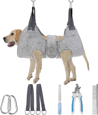 PAWCHIE Dog Grooming Hammock Harness for Dogs & Cats with Pet Nail Clipper Trimmer,Cat Hanger Sling for Trimming Clipping Nails,Warm Plush Dog Hammock Restraint Bag for Small Medium Large Dogs,Grey M
