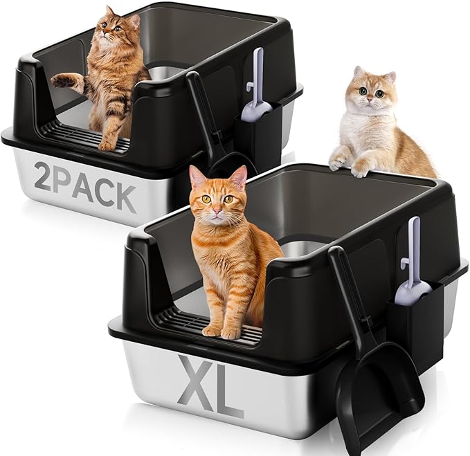 2PACK Stainless Steel Litter Box, Extra Large XL Odor Free Metal Litter Box with High Sides, Open Top Litter Pan Include Scoop Easy Cleaning Anti-Scratch Kitty Cat Box Anti-Urine Leakage, Non-Sticky