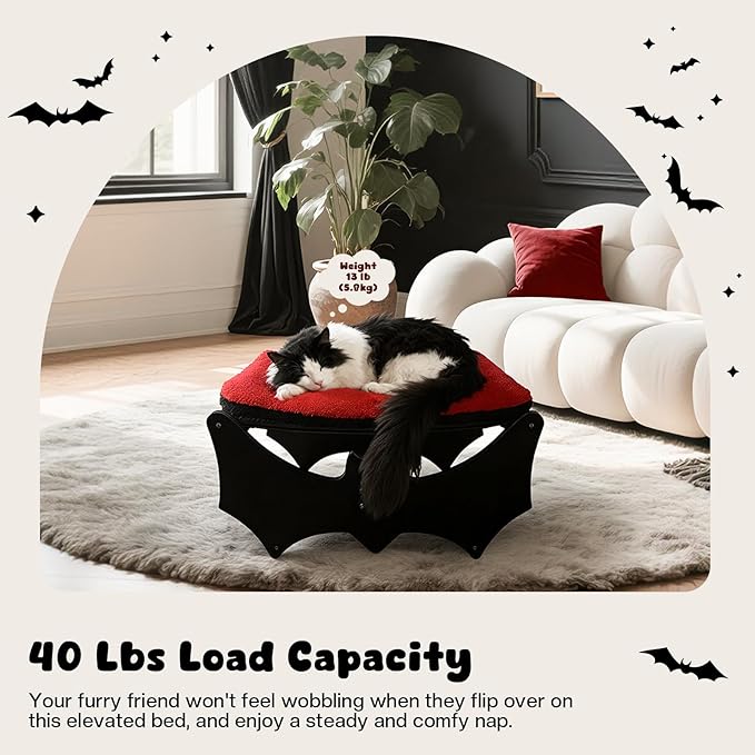 Gothic Cat Bed with Bat Design, Wooden Elevated Cat Beds with Sisal Scratching Mat, Cats Scratcher Bed with Removable Fluffy Cushion, Raised Pet Bed for Large Cats, 22" L x 17.7" W, Black