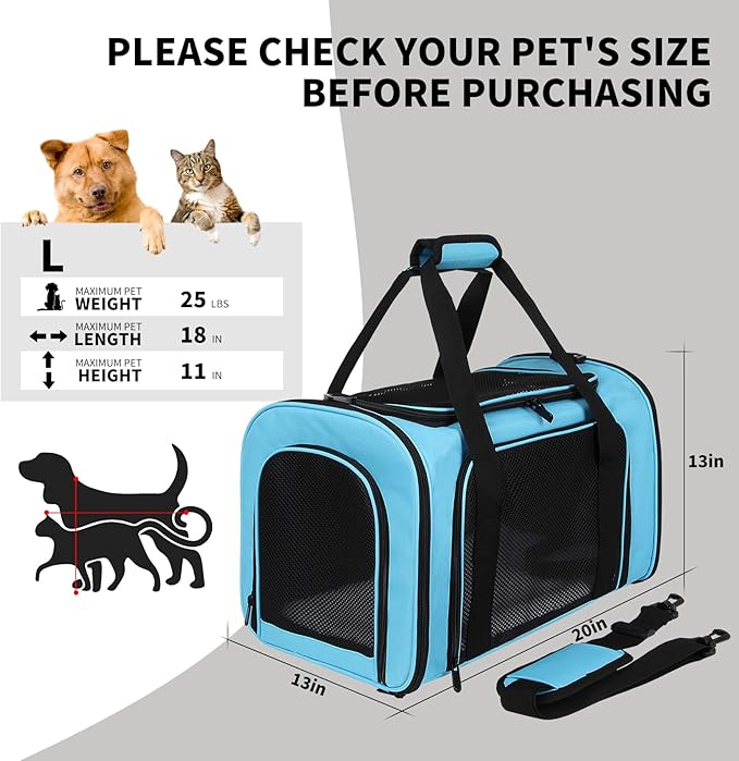 Carriers Soft-Sided Pet Carrier Large Carrier for Medium Large Cats Dogs Under 35Lbs,Breathable Ventilated Design,Collapsible Roomy Carrier with Airline Approved(X-Large,Blue)
