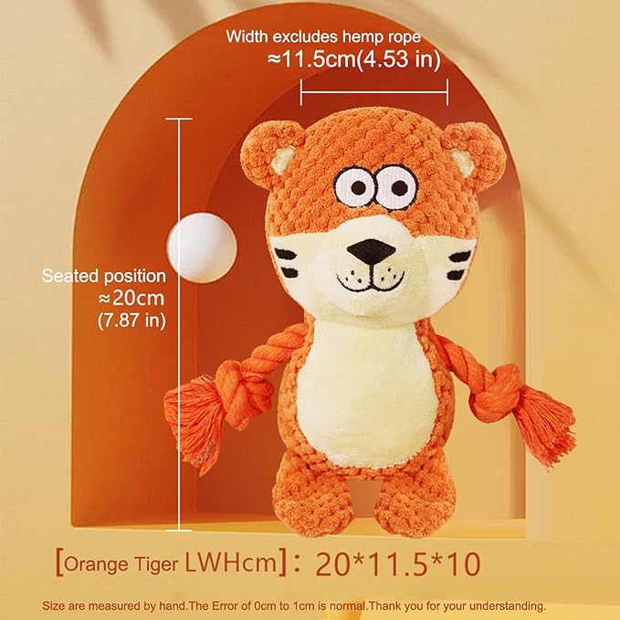 Cute Animals Interactive Squeaky Dog Toy with a Vocal Bladder, Crinkle Paper Stuffed Soft Cotton Chew Toy, Teething Rope Tug of War Pull Toy to Keep Them Busy for Puppy, Small Dogs - Orange Tiger