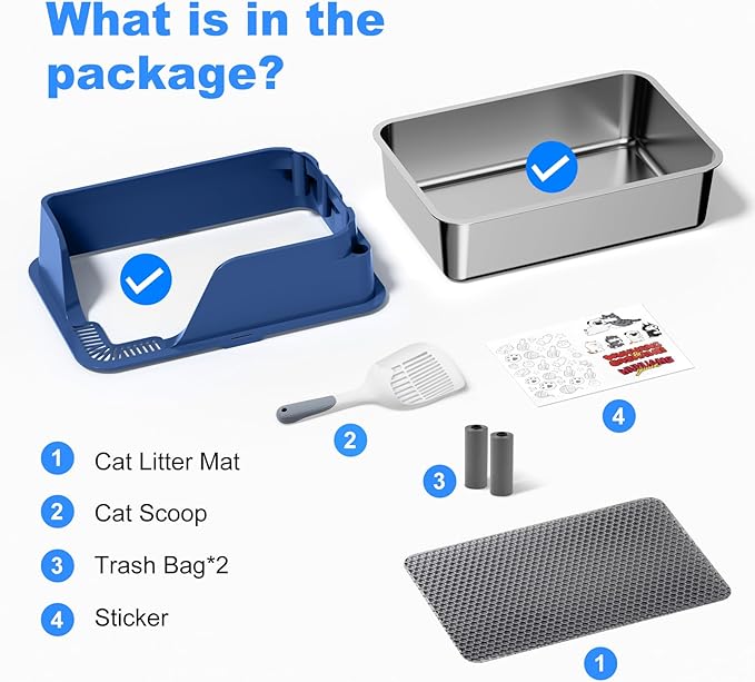 Non-stick Stainless Steel Litter Box, XL Side Opening Splash-Proof & Leak-Proof Seamless Seal, Ellenpent Large Capacity, Cat Litter Box with Lid for Multi-Cats, Large Cats, Easy-Clean & Durable (Blue)