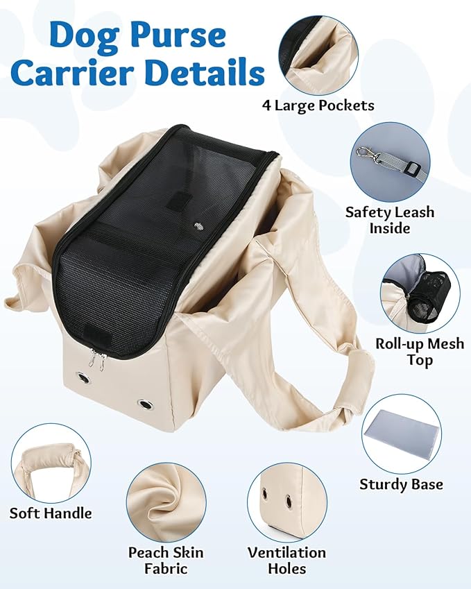 Dog Purse Carrier for Small Dogs and Cats up to 15 lbs, Portable Soft Sided Travel Pet Tote Bag with 4 Large Pockets,Foldable Puppy Bag Carrier for Outings and Travel (Beige)
