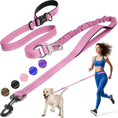 Kazazoo Hands-Free Dog Leash with 6-9FT Adjustable Length - Heavy Duty No Pull Bungee Design, Reflective Safety for Walking, Jogging & Training | Suitable for Medium to Large Dogs,Pink L
