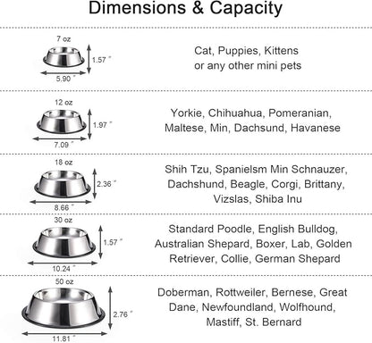 Stainless Steel Dog Bowls, Food and Water Non Slip Anti Skid Stackable Pet Puppy Dishes for Small, Medium and Large Dogs (2 Pack)