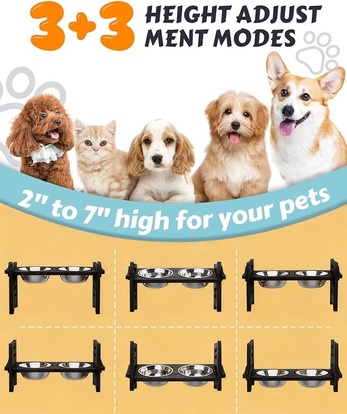 Elevated Dog Bowls, Adjustable Raised Dog Bowl Stand for Small Size Dogs and Cats, 15°Tilted Elevated Cat Bowls, Durable Bamboo Dogs Feeder with 2 Stainless Steel Bowls and Non-Slip Feet