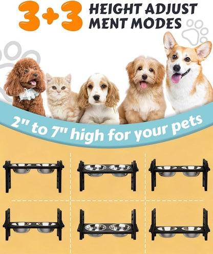 Elevated Dog Bowls, Adjustable Raised Dog Bowl Stand for Small Size Dogs and Cats, 15°Tilted Elevated Cat Bowls, Durable Bamboo Dogs Feeder with 2 Stainless Steel Bowls and Non-Slip Feet