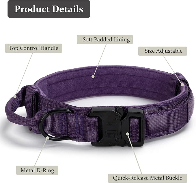 Tactical Dog Collar, Adjustable Military Training Nylon Dog Collar with Control Handle and Heavy Quick-Release Metal Buckle for Small Medium Large Dogs, Purple S