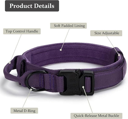 Tactical Dog Collar, Adjustable Military Training Nylon Dog Collar with Control Handle and Heavy Quick-Release Metal Buckle for Small Medium Large Dogs, Purple L