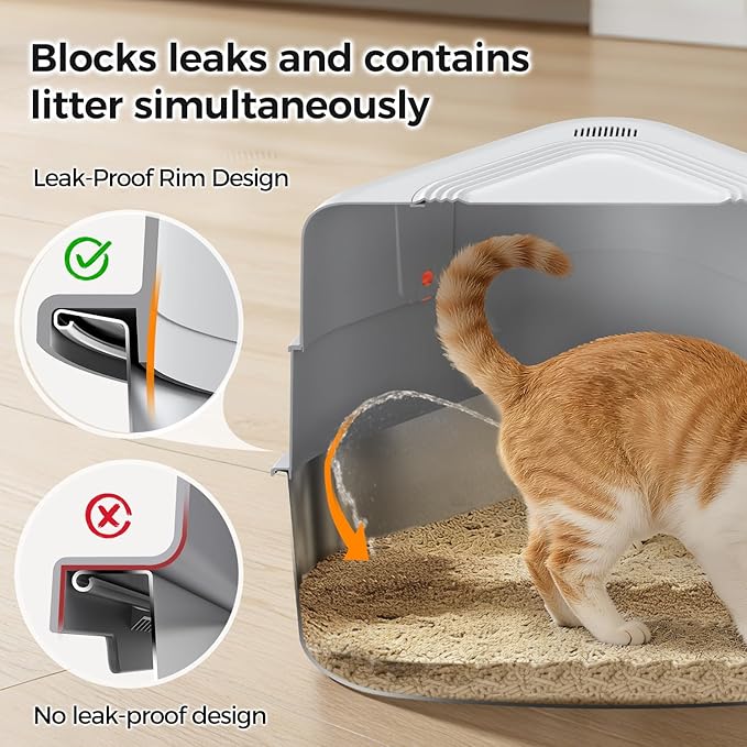 XXL Stainless Steel Corner Cat Litter Box with Lid - Sturdy, No Odor & Space-Saving Hidden Design for Large Cats, Grey