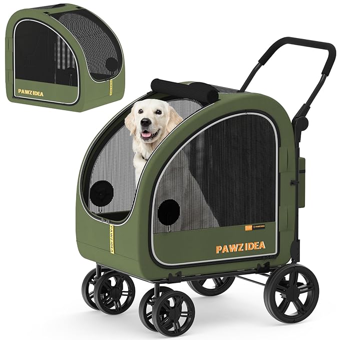 PAWZIDEA 3-in-1 Dog Stroller for Large Dogs with Detachable Carrier, 45% Extra Tall Dog Car Crate up to 100lb Sit Upright, Foldable Pet Stroller for 2 Medium Dogs All-Terrain Jogger, Adjustable Handle