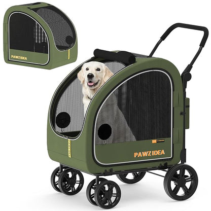 PAWZIDEA 3-in-1 Dog Stroller for Large Dogs with Detachable Carrier, 45% Extra Tall Dog Car Crate up to 100lb Sit Upright, Foldable Pet Stroller for 2 Medium Dogs All-Terrain Jogger, Adjustable Handle