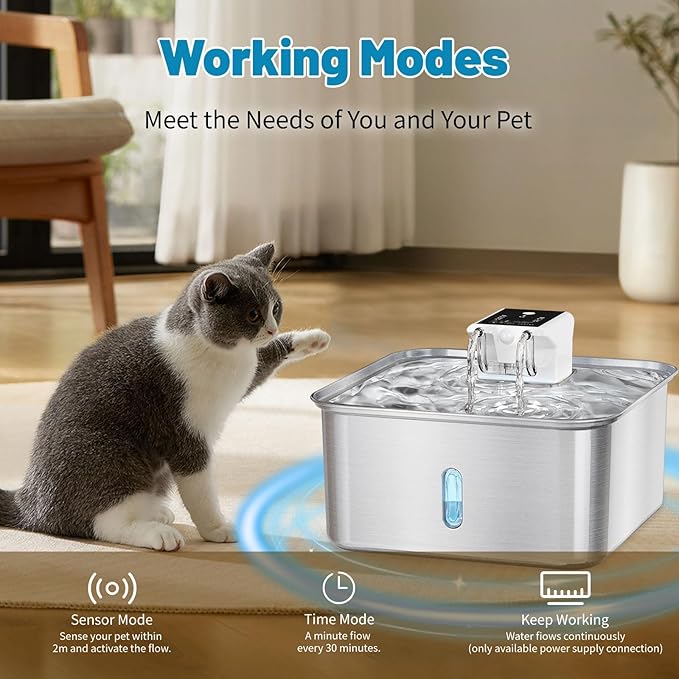 Wireless Dog Water Fountain - Dog Water Bowl Dispenser, 7L/236oz Large Capacity Stainless Steel Cat Fountain with Motion Sensor, Auto Water Dispenser for Multi-Pet Home (Square+5 Filters+5 Sponges)