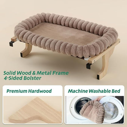 Zakkart SnugCloud Cat Window Perch with 4-Sided Bolster - Orthopedic Cat Hammock for Window Sill - Solid Hardwood & Metal Frame - Window Seat for Pets (Natural Color Wood w/Brown Bed, Medium)