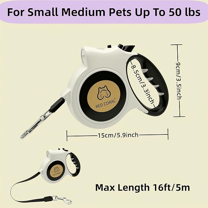 Led Light Retractable Dog Leash for Small to Medium Dogs – Extends Up to 16ft for Night Walks (White)