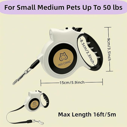 Led Light Retractable Dog Leash for Small to Medium Dogs – Extends Up to 16ft for Night Walks (White)