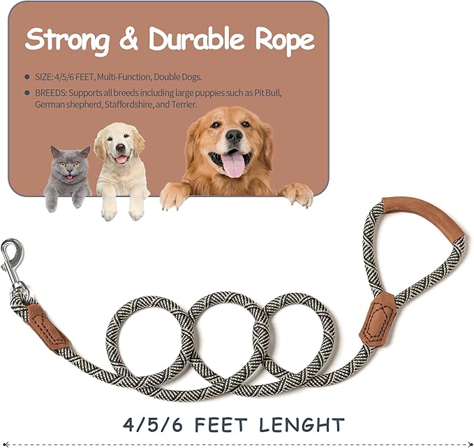 Mile High Life | Premium Leather Handle Dog Leash | Strong Rope Leash | Zinc Alloy Strong Clasp | Small Medium Large Dogs | 4/5/6 Feet(White, 48 Inch (Pack of 1))