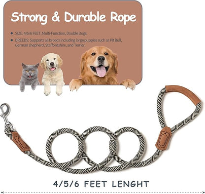Mile High Life | Premium Leather Handle Dog Leash | Strong Rope Leash | Zinc Alloy Strong Clasp | Small Medium Large Dogs | 4/5/6 Feet(White, 48 Inch (Pack of 1))