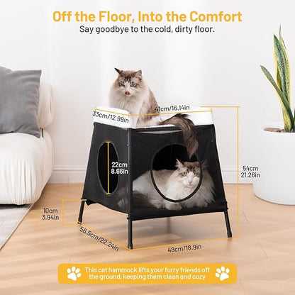 Elevated Cat Bed with Cat Hammock, 2-Story Indoor Cat House with Cave & Washable Cover, Multi-Cat Furniture