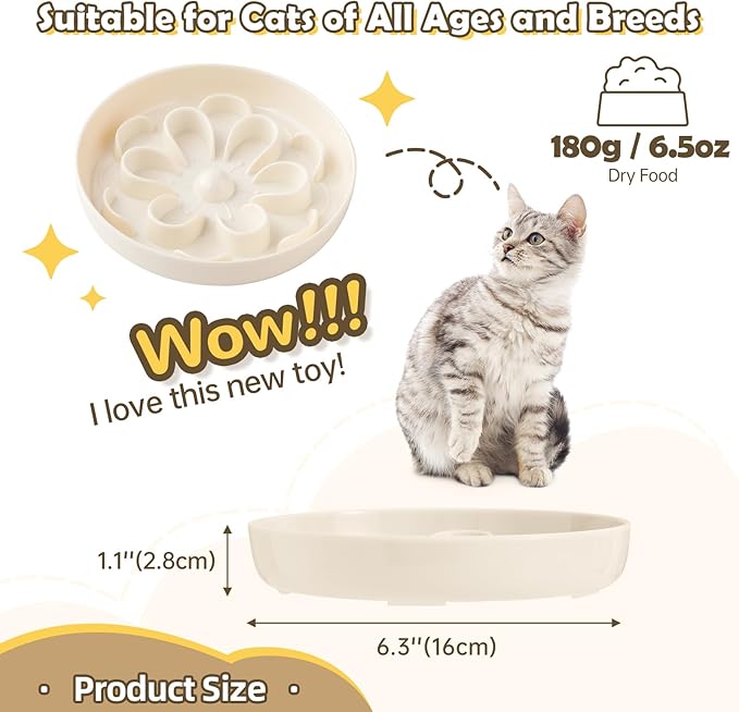 Melamine Slow Feeder Cat Bowl - Cute Blossom Maze Cat Dish - Fun Interactive Plate for Dry & Wet Food - Whisker Friendly - Dishwasher Safe - 6.3''W x 1.1''H