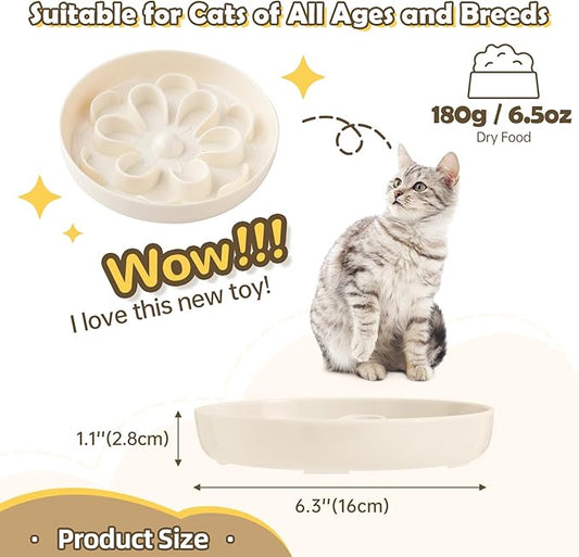 Melamine Slow Feeder Cat Bowl - Cute Blossom Maze Cat Dish - Fun Interactive Plate for Dry & Wet Food - Whisker Friendly - Dishwasher Safe - 6.3''W x 1.1''H