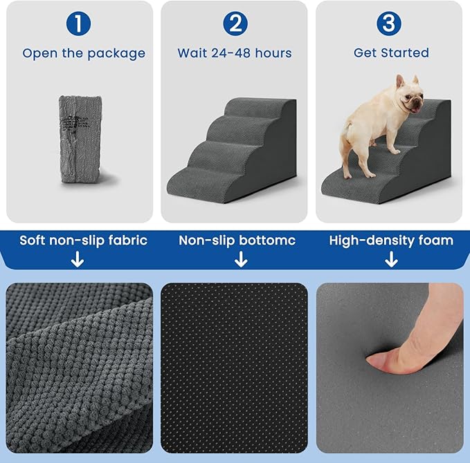 Dog Steps for Bed, 4 Step Pet Stairs for Small and Medium Dogs, Non-Slip Dog Ramp with Washable Cover, High-Density Support Foam for Easy Climbing,Grey