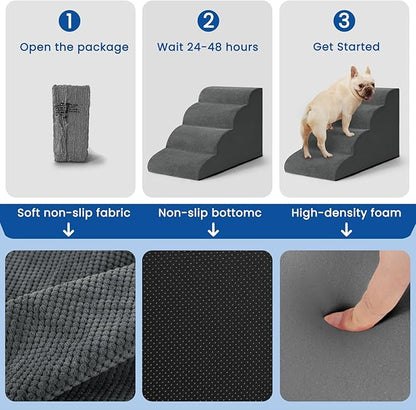 Dog Steps for Bed, 4 Step Pet Stairs for Small and Medium Dogs, Non-Slip Dog Ramp with Washable Cover, High-Density Support Foam for Easy Climbing,Grey