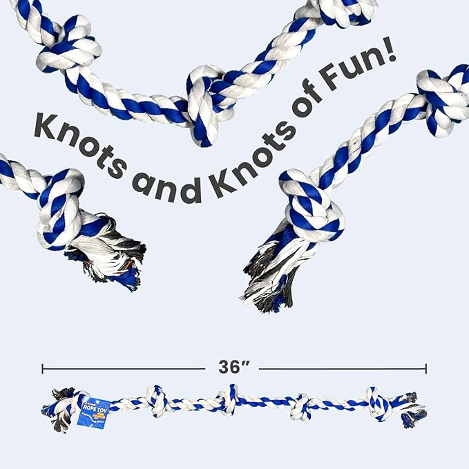 4Knines Dog Rope Toy with 5 Knots – 36-Inch Heavy-Duty Tug for Medium & Large Breeds – Durable Cotton for Chewing, Fetch, and Tug-of-War – Interactive Dog Toy for Exercise and Play – Blue