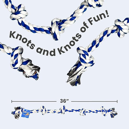 4Knines Dog Rope Toy with 5 Knots – 36-Inch Heavy-Duty Tug for Medium & Large Breeds – Durable Cotton for Chewing, Fetch, and Tug-of-War – Interactive Dog Toy for Exercise and Play – Blue