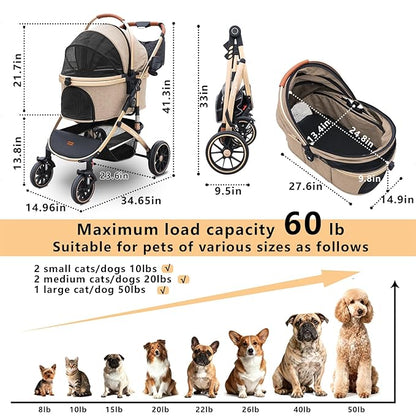 Pettingzoo Dog stroller with 4 Wheels, Folding Cat Stroller for Small/Medium/Large dogs & cats to 60 lbs, pet stroller with removable carrier, Storage BasketCup Holder,3 in1 Multifunctional Detachable