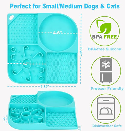 Lick Mat for Dogs, 4-in-1 Slow Feeder Bowl with Non-Slip Suction Cup, Food-Grade Silicone Lick Pads Perfect for Cat Anxiety, Fast Eating & Grooming-Aqua