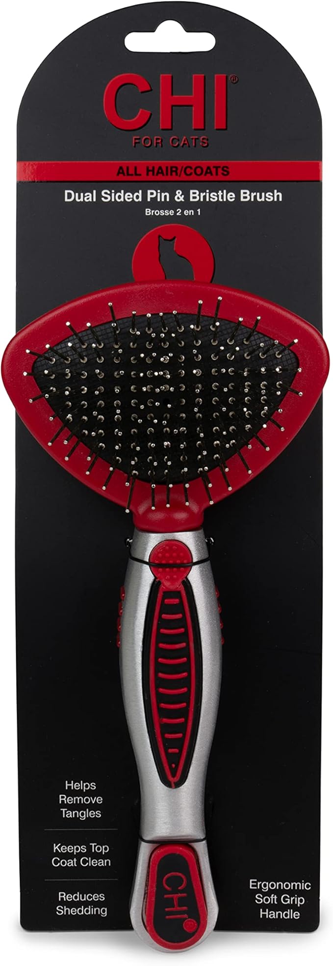 CHI for Cats 2-in-1 Grooming Tool: Double-Sided Bristle & Pin Brush for All Cats | Ergonomic Handle and Padded Bristles
