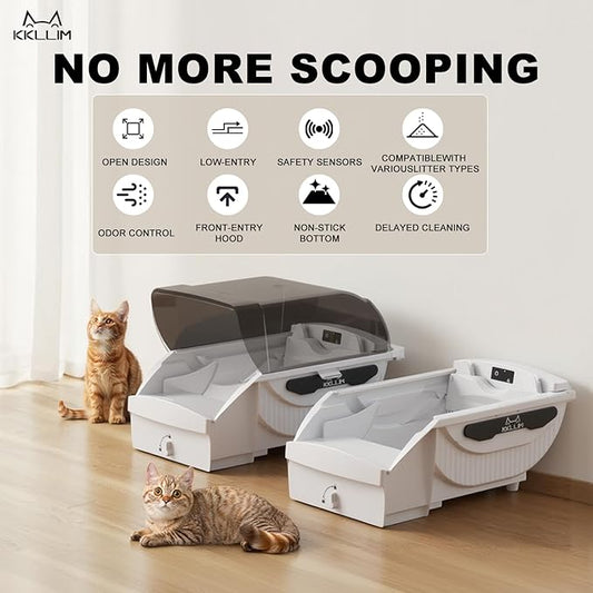 Automatic Litter Box, Open-Top Self Cleaning Litter Box for Multiple Cats, Large Space with Low Entry, Dual Safety Sensors, Quiet Operation, Compatible with Clumping Litter, Odor Control