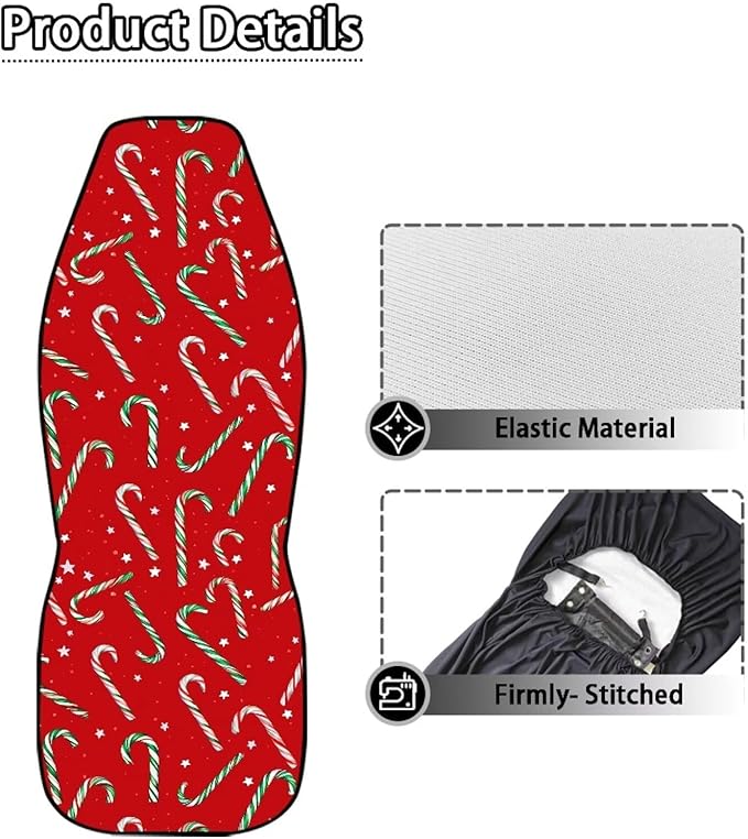 Dreaweet Candy Cane Print Car Seat Covers Front Seats Only 2 Piece Christmas Car Accessories Red Washable Universal Bucket Seat Covers for Cars SUV Sedan Easy to Install