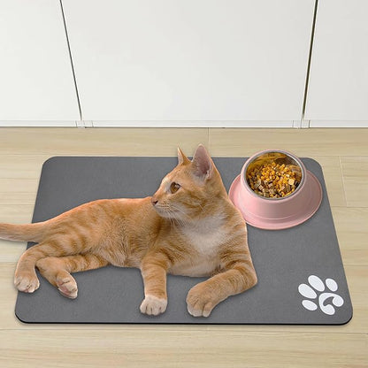 YCT Pet Cat Food Mats - Non Slip Super Absorbent, with Footprints Logo, 24 x 16.9 inches, Dark