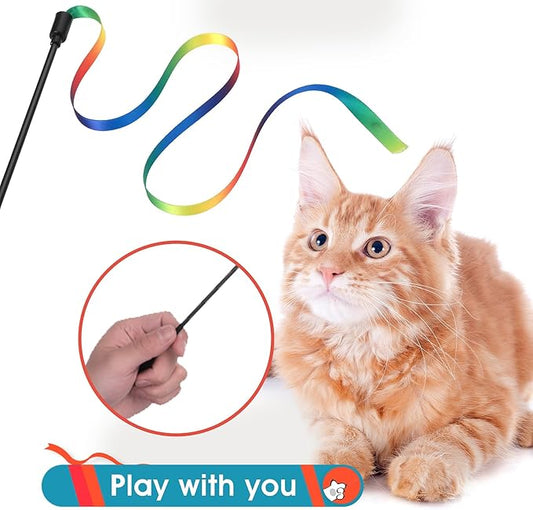 Cat Wand Toy Set, Interactive Cat Wand Toy with Rainbow Ribbon String, Leopard Print Cloth String for Small Cats Kittens Indoor Training Catcher (3 Packs)