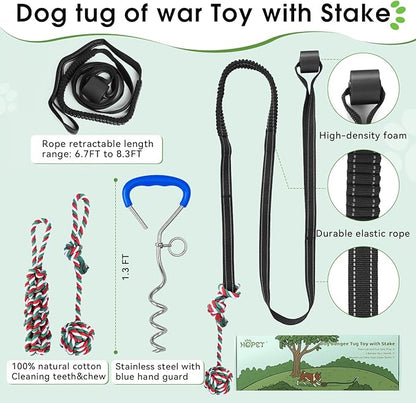 Bungee Tether Tug Outdoor Dog Toy with Stake,Tug of War Dog Toy for Aggressive Chewers to Keep Them Busy,Outdoor Interactive Dog Rope Toy for Medium/Small Dogs,Can Used On Lawns,Trees and Doors