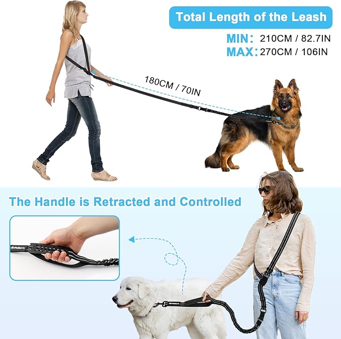 Philorn Hands Free Dog Leash, Crossbody Dog Leash, 6.9-8.9 Ft Multifunctional Waist Walking Belt with Car Safety Buckle for Large and Medium Dogs Jogging,Running,Training (Black, 25-120 lbs)