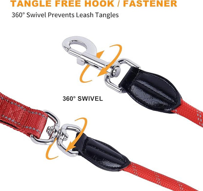 10FT Hands Free Dog Leash for Small Medium Large Dogs, Heavy Duty Reflective Dog Leash with Traffic Handle, Seat Belt Buckle & Poop Bag Holder (Red)