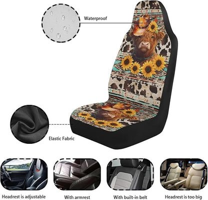 Car Seat Covers Waterproof Universal Aztec Highland Cow Print Front Car Seats Easy Installation Washable Cover Automotive Interior Accessories for Cars Truck SUV Van