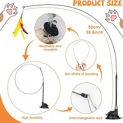 Interactive Cat Feather Toy with Suction Cup – 10-Piece Set Including 2 Detachable Wands & 6 Replacement Teasers, No-Marking Vacuum Base for Indoor Play
