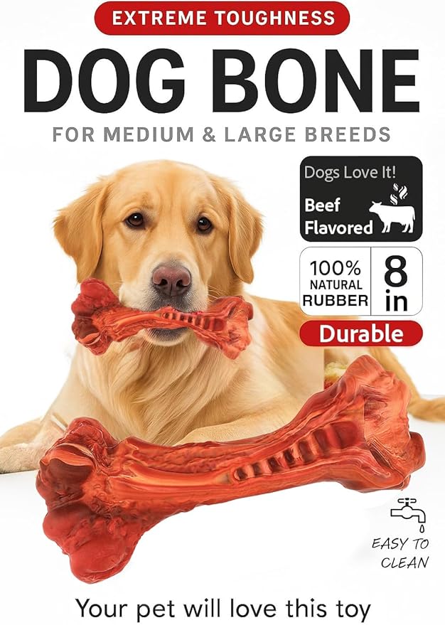 Dog Chew Toy - Natural Rubber Dog Toy, Beef Flavor – Dog Toys for Medium & Large Dogs - Bone-Shaped Chew for Dental Health - Indoor and Outdoor Play